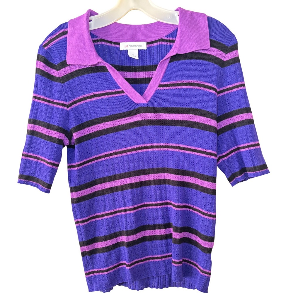 Liz Claiborne Y2K Preppy Knit Polo Sweater Top Size M Striped Retro Tennis Core